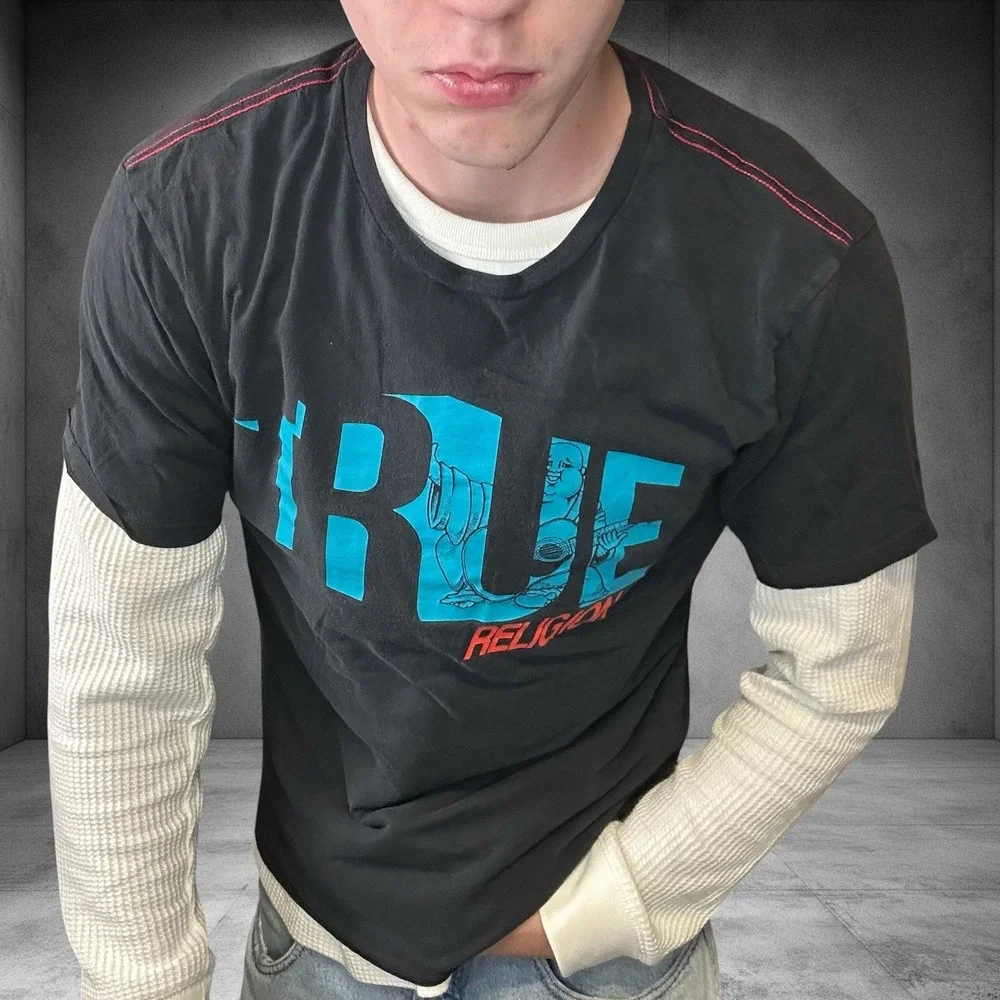 True Religion Mens Graphic T-Shirt Black Blue Buddha Logo Y2K Skater Tee Size M